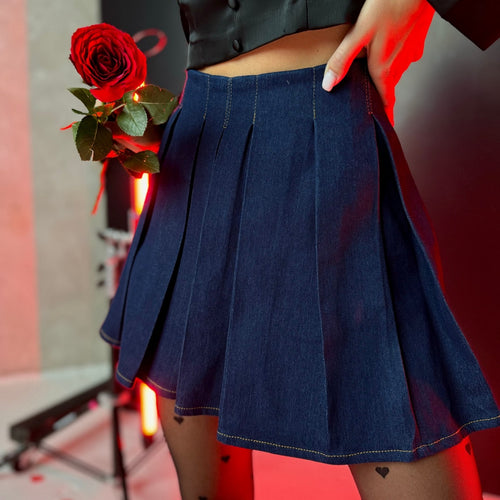 Flirty High waist Denim Plated Skirt Dark blue